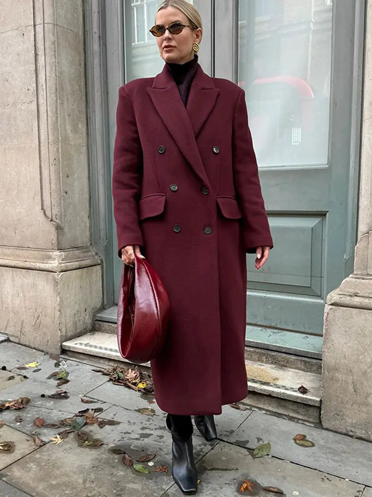 eybag Retro Solid Double-Breasted Long Coats Women Vintage Loose Lapel Slit Maxi Coat With Pockets Winter Elegant High Street Overcoat