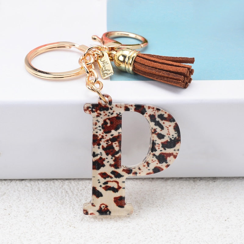 Lkblock Fashion Acrylic Leopard Letter Keychain With Tassel Fashion Couple 26 A-Z Initial Letter Pendant With Key Ring For Women Bag