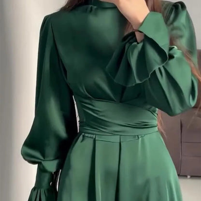 eybag Elegant Ruffled Long Sleeve Long Dress Women's Fashion Bandage Evening Dress Retro Slim Lace Up Solid Color Long Dress