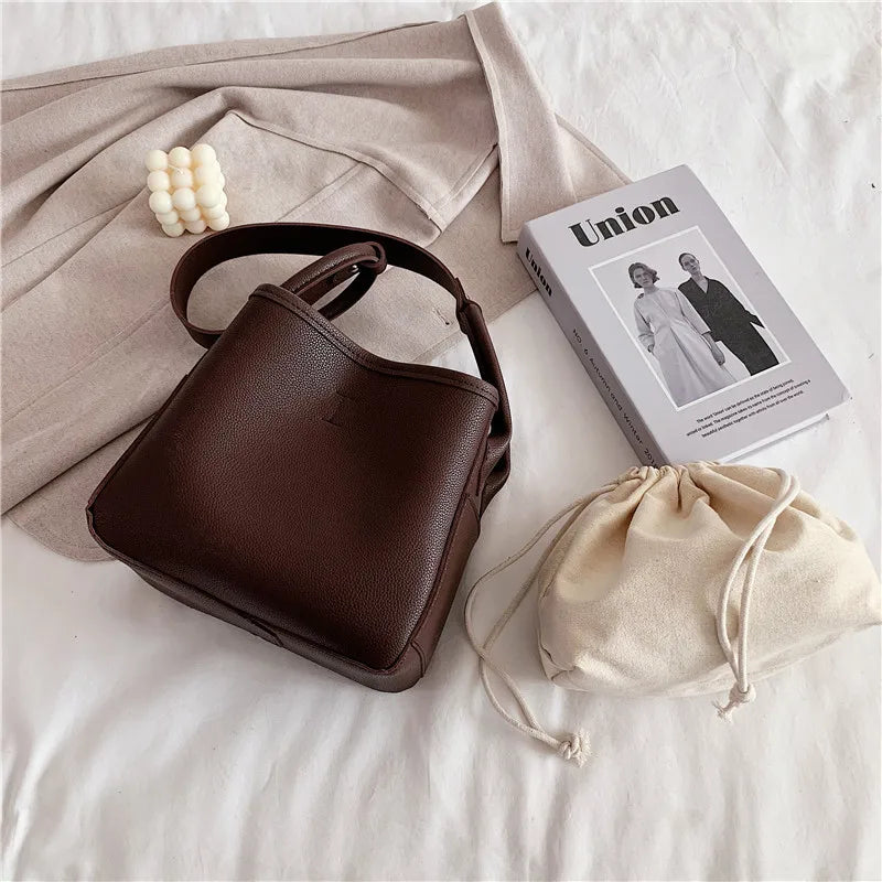 Lkblock Korean style women bucket bags Casual pu leather Female Shoulder Bag for female Solid color totes bolsa Ladies big handbag