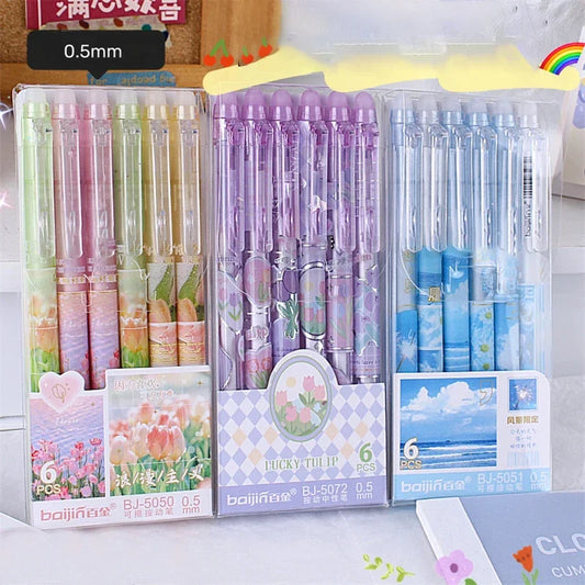 eybag 6pcs Erasable Gel Pens Romantic Flowers Blue Black Ink Signature Pens with Erasers 0.5mm Cute Pens Writing Tools Office School