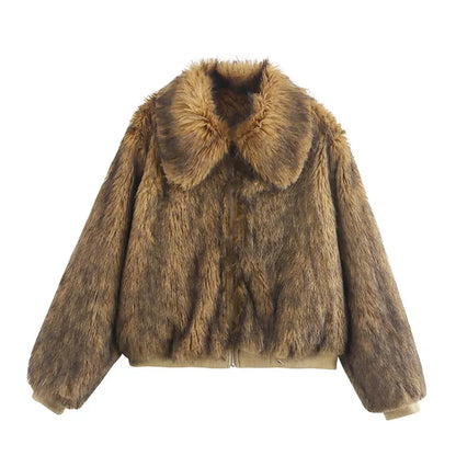 eybag Retro Lapel Zipper Faux Fur Coat Women Casual Loose Thicken Solid Natural Imitation Fur Coats Female Winter Warm Chic Outwear