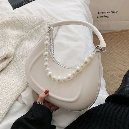 eybag Kawaii Tote PU Leather Half Moon Armpit Bag with Pearl Short Handle 2022 Women's Designer Handbag Luxury Shoulder Crossbody Bag