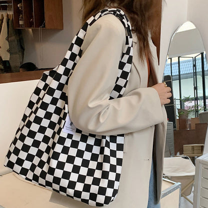 eybag Women Canvas Shoulder Bag Lattice Print Ladies Casual Handbag Tote Bag Large Capacity Cotton Reusable Shopping Beach Bag  2022