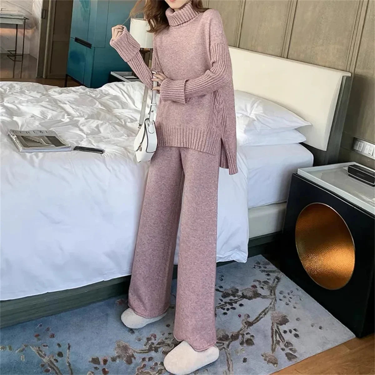 eybag Knitted Loose Turtleneck Sweater Suit Autumn Winter Outfits For Women Solid Long Sleeve Top Wide Leg Pant Sets Fashion Outwear