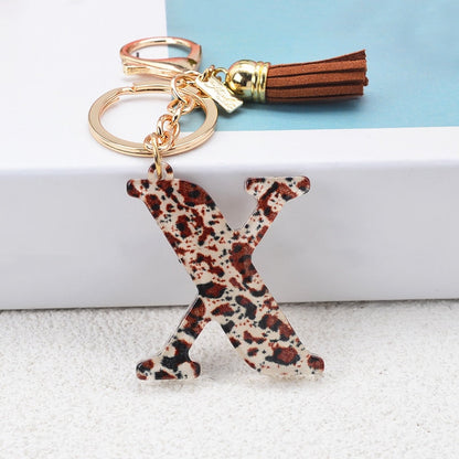 Lkblock Fashion Acrylic Leopard Letter Keychain With Tassel Fashion Couple 26 A-Z Initial Letter Pendant With Key Ring For Women Bag