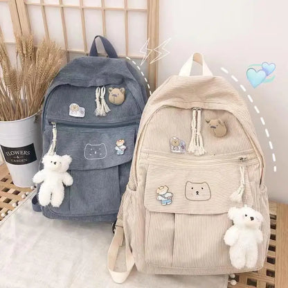 eybag Soft Zipper Corduroy Schoolbag Female Harajuku High School College Student Versatile Stripe Velvet Backpack Cute Backpack