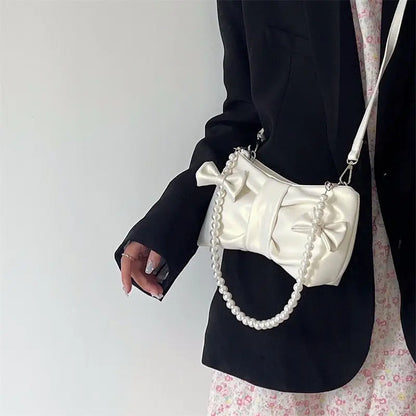 eybag Sweet Bow Pink Shoulder Bag Women Fairycore Aesthetic Pearl Leather Handbag Female Harajuku Solid Messenger Bag