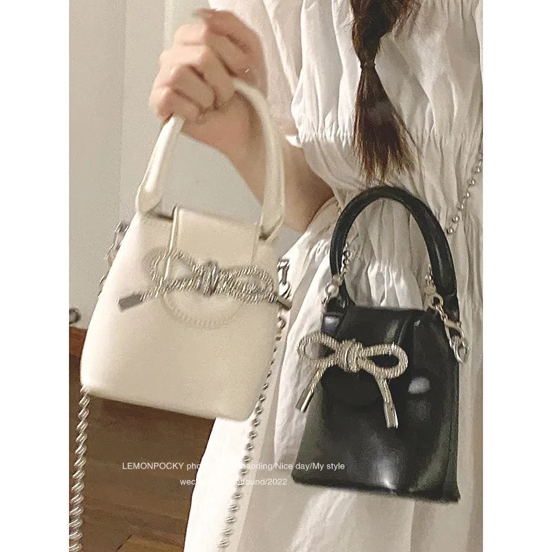 eybag Sweet Bow Womens Handbag Cute Pink Korean Fashion Small Leather Crossbody Bag Chains Ladies Elegant Fashion Evening Bag