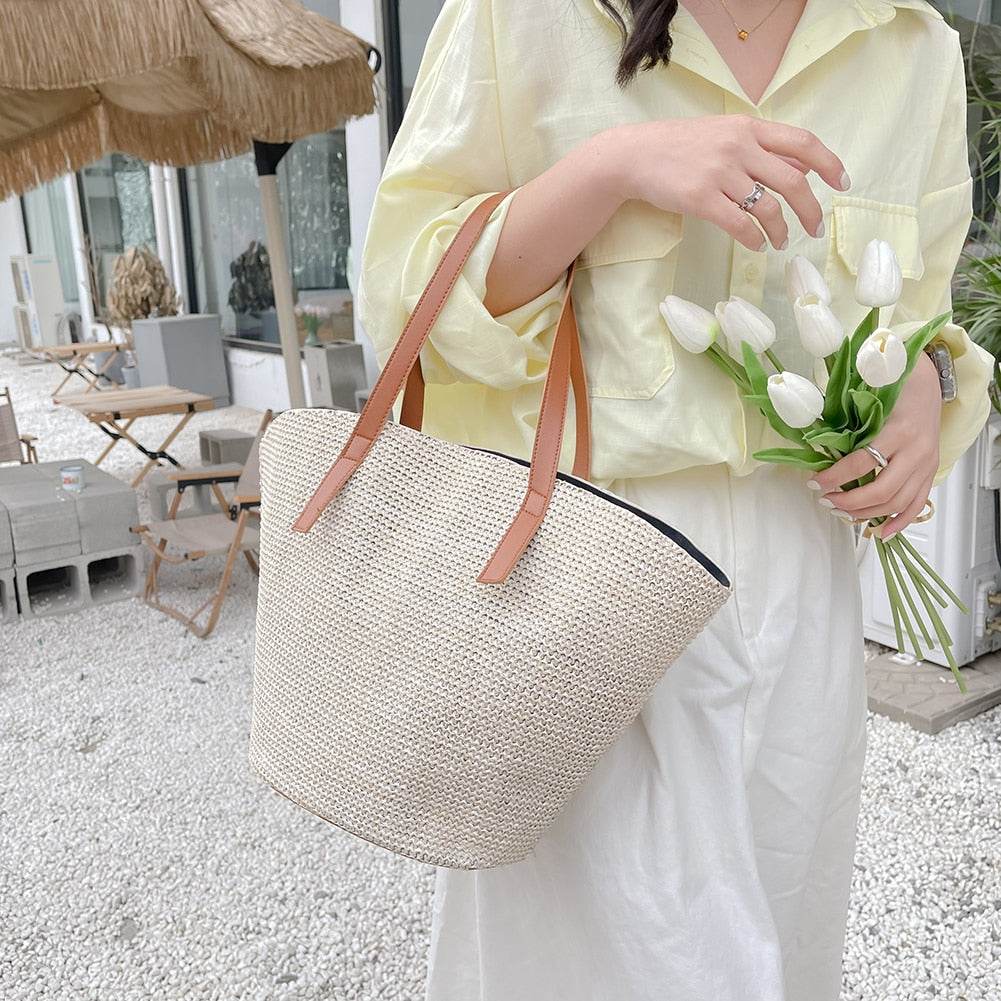 eybag Casual Handmade Straw Handbags Fashion Woven Women Shoulder Bags Summer Holiday Beach Large Capacity Totes Ladies Top-handle Bag