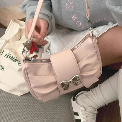 eybag Pink Bow Womens Shoulder Bag Korean Fashion College Style Elegant Handbag Square Pleated Sweet Casual Leather Armpit Bag