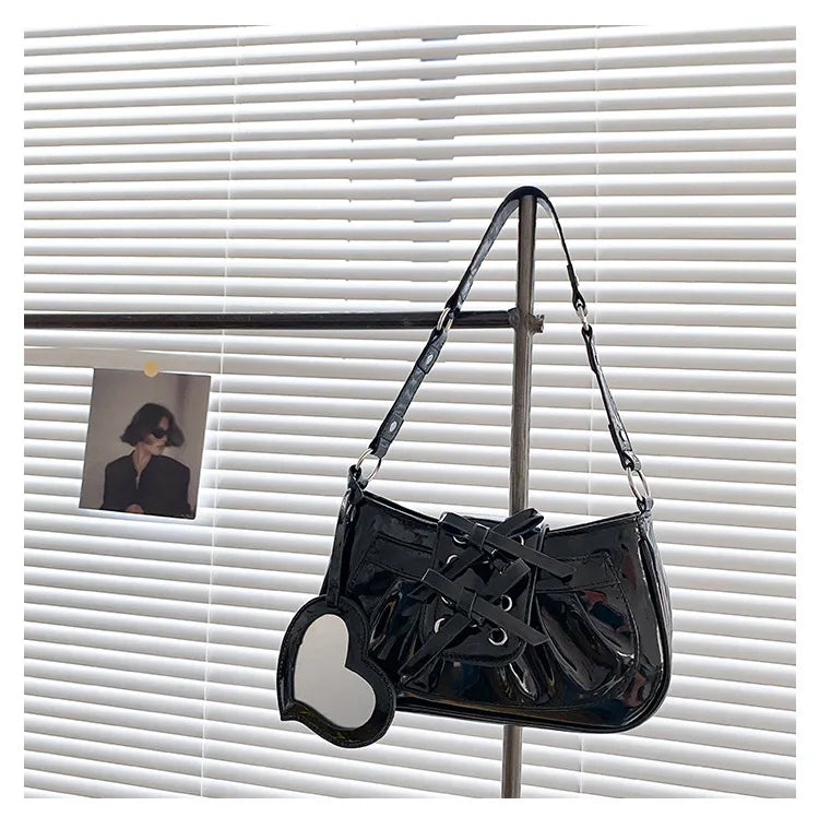 eybag Sweet Cool Black Handbag Women Hot Girls Bow Mirror Chic Half Moon Shoulder Bag Female Harajuku Aesthetic Y2k Handbag