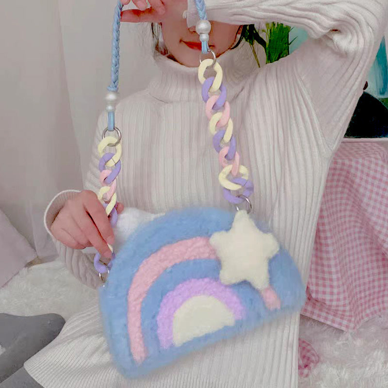 eybag Rainbow Plush Purses and Handbags for Women 2022 Shopper Acrylic Chain Cloud Pendant Cute Girls Pearl Wallet Shoulder Bag