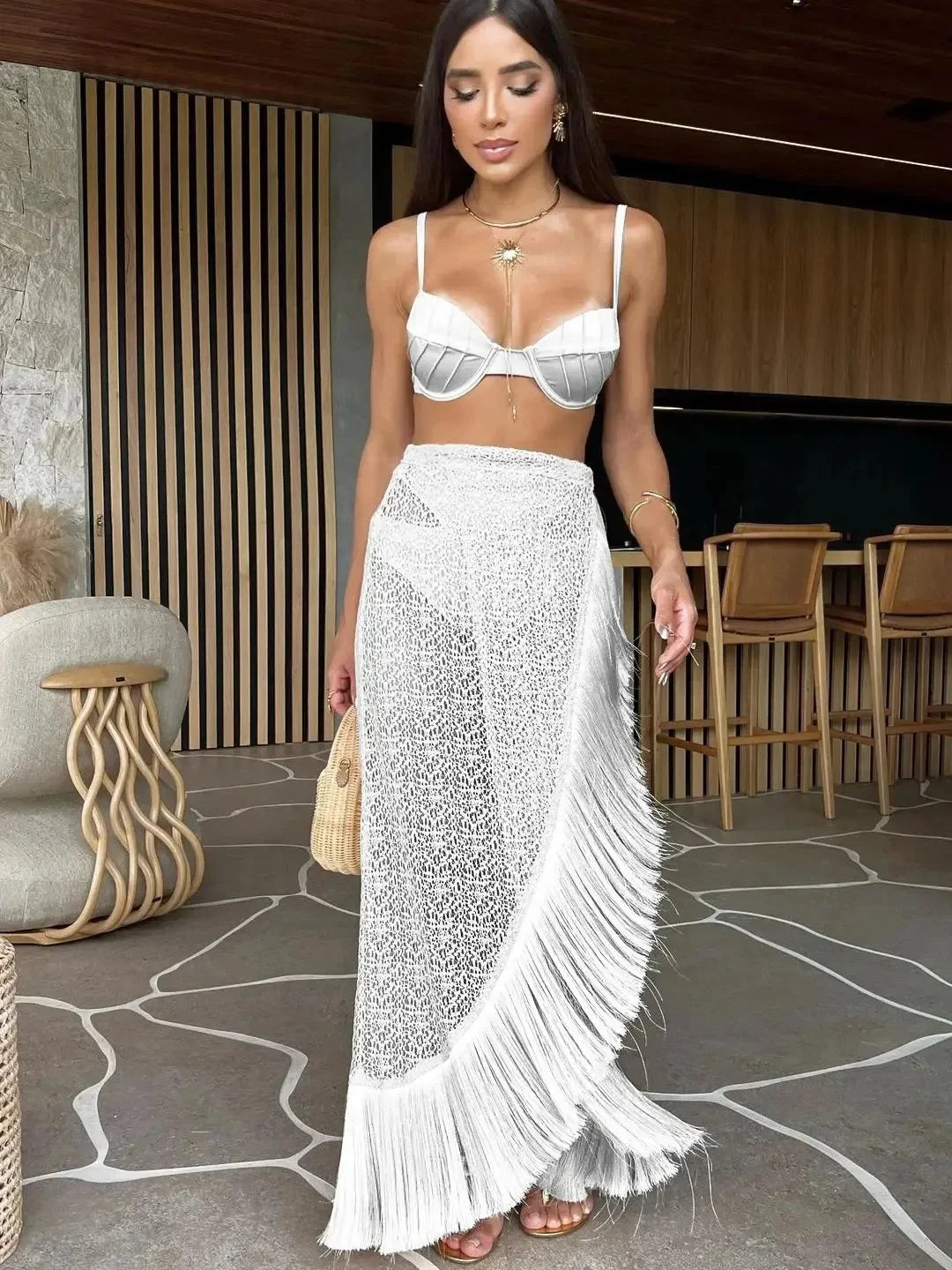 eybag Sexy 3/4Pieces Push Up Bikini Set Women Swimsuit High Waist Perspective Tassel Skirt Beach Outing Bathing 2024 Feminine Swimwear