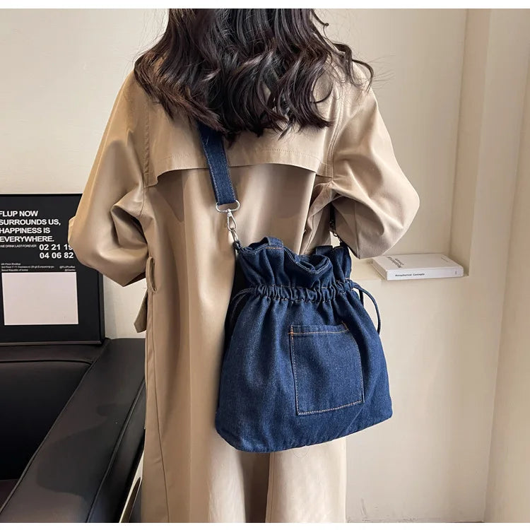 eybag Fashion Denim Women Bucket Shoulder Bag High Capacity Female Crossbody Bags Ruffled Denim Under Arm Bag for Women