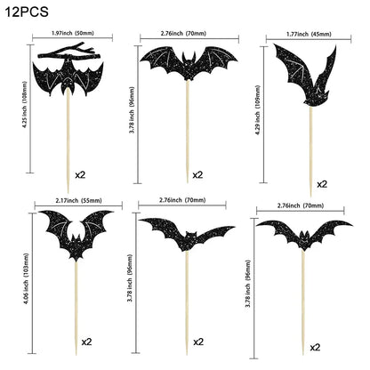 -12/24Pcs Halloween Bat Cupcake Toppers Mixed Black Bat Cupcake Pick Flags Kids Halloween Birthday Party Cake Decoration Supplies