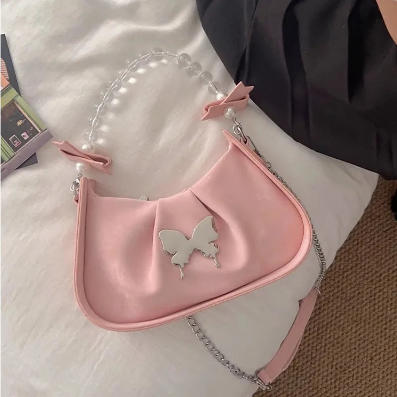 eybag Pink Elegant Womens Shoulder Bag Beading Pleated Designer Luxury Fashion Handbag Korean Style Advanced Leather Armpit Bag