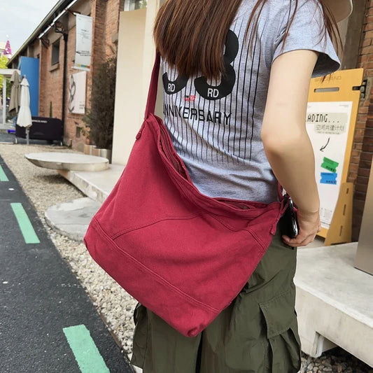 eybag Student Casual Canvas Shoulder Bag For Women Large Capacity Solid Color Travel Shopper Crossbody Bag Korean Version Girl BookBag