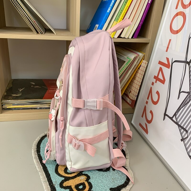 eybag New Multi-pocket Pink Kawaii Girls School Backpack For Teenager Female Book Schoolbag Women Transparent PVC  Nylon Mochila