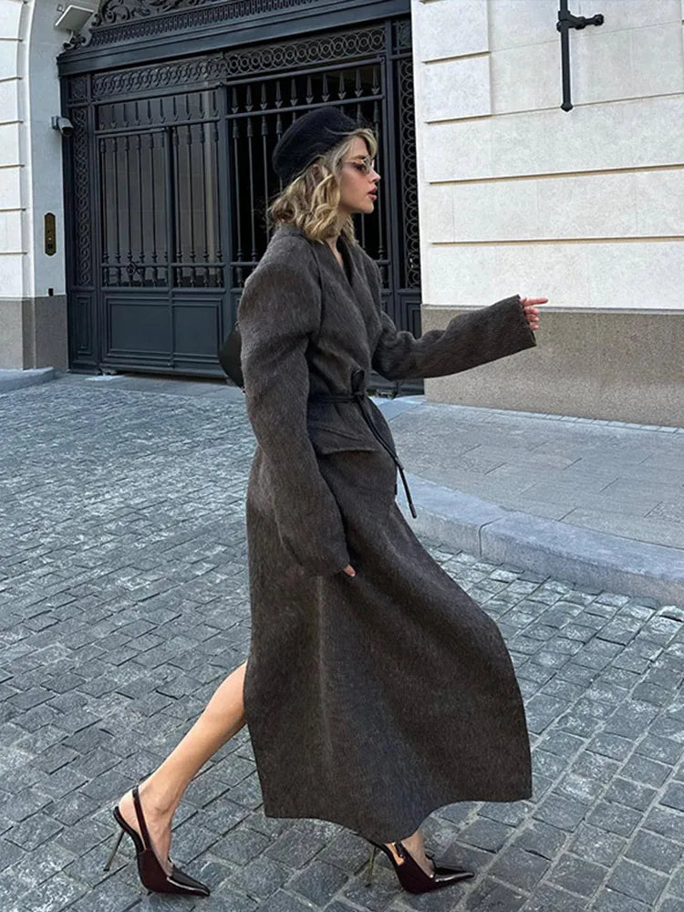 eybag Vintage Double-Breasted Long Woolen Coat Women Casual V-Neck Solid Slit Maxi Coats Lady Winter Warm Chic Elegant Street Outwear