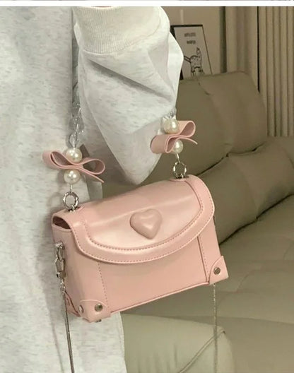 eybag Sweet Pink Messenger Bag Women Fairycore Aesthetic Handle Pearl Chain Crossbody Bags Ladies Harajuku Heart Y2k Hand Bag