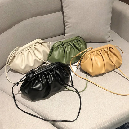 eybag Simple Women Cloud Messenger Bag Ladies Green Pleated PU Leather Dumpling Crossbody Bag Female Evening Party Clutches And Purse