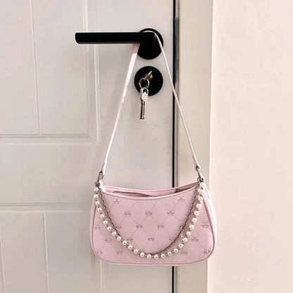 eybag Pink Womens Shoulder Bag Elegant Cute Bow Pearl Chains Bow Embroidery Handbag Casual Leather Korean Fashion Female Handbag