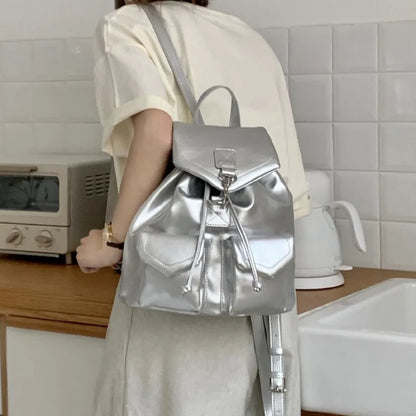 eybag Y2K vintage Silver women Backpack PU Leather School Bags For Teenagers Girls Luxury Backpacks Small Drawstring Back Pack bagpack