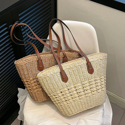 eybag Straw Woven Large Capacity Shoulder Bags Zipper Solid PU Straps Simple Fashion Handbags for Women 2024 Casual Versatile Tote