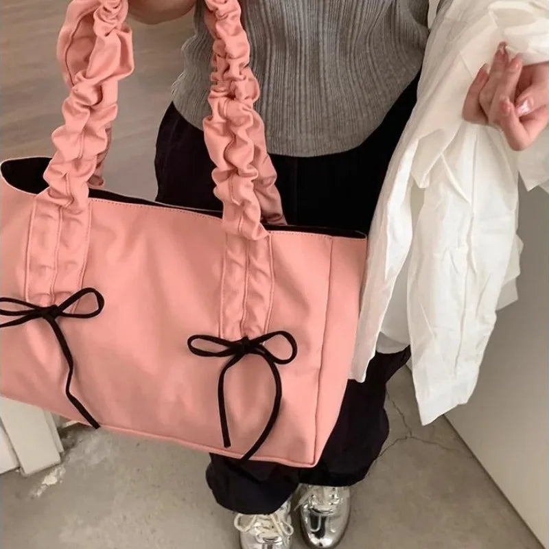 eybag Pink Pleated Womens Tote Bag Nylon Sweet Elegant Gentle Literary Casual Shoulder Bag Aesthetic New Korean Fashion Handbag