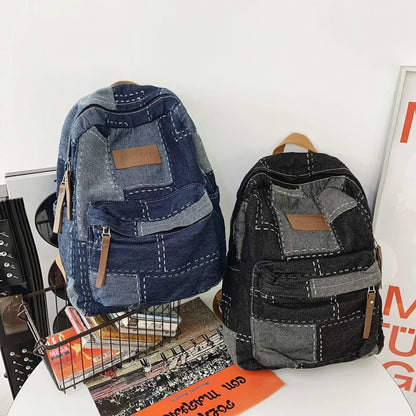 eybag New Washed Denim Patch Women Backpack Trendy Cool College Backpack Large Capacity Men Female Laptop School Bags Travel Book Bag