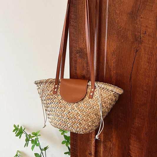 eybag Casual Wicker Woven Basket Bags Rattan Women Handbags Handmade Summer Beach Straw Tote Bag Designer Shoulder Crossbody Bag 2024