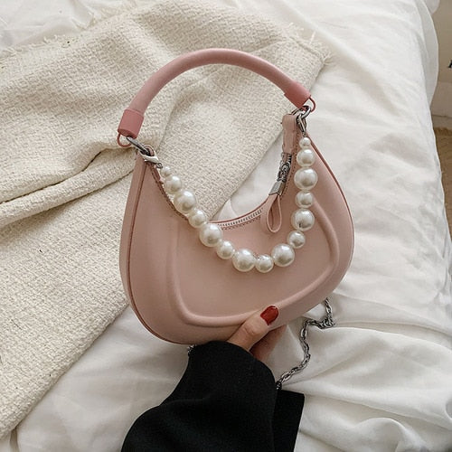 Lkblock Kawaii Tote PU Leather Half Moon Armpit Bag with Pearl Short Handle 2022 Women's Designer Handbag Luxury Shoulder Crossbody Bag