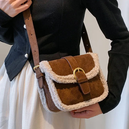 eybag Brand Designer Suede and Faux Fur Patchwork Women's Shoulder Bag Retro Lock Crossbody Bag Small Flap Handbag