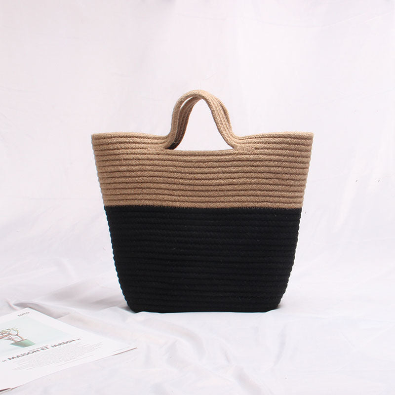 eybag Summer Woven Straw Handbag Women Contrast Color Cotton Rope Beach Bag Travel Large Capacity Tote Shopping Handle Bags