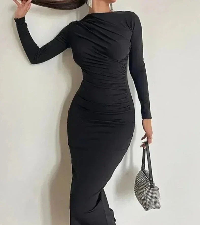 eybag 2024 Autumn Women's O-neck High Waist Folds Long Dress Streetwear Winter Office Lady Solid Tunics Bodycon Evening Party Dresses