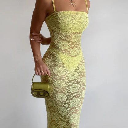 eybag Yellow Lace Maxi Dress Women Fashion Spaghetti Strap Long Evening Party Dresses Sexy See Through Club Night Summer Dress 2024