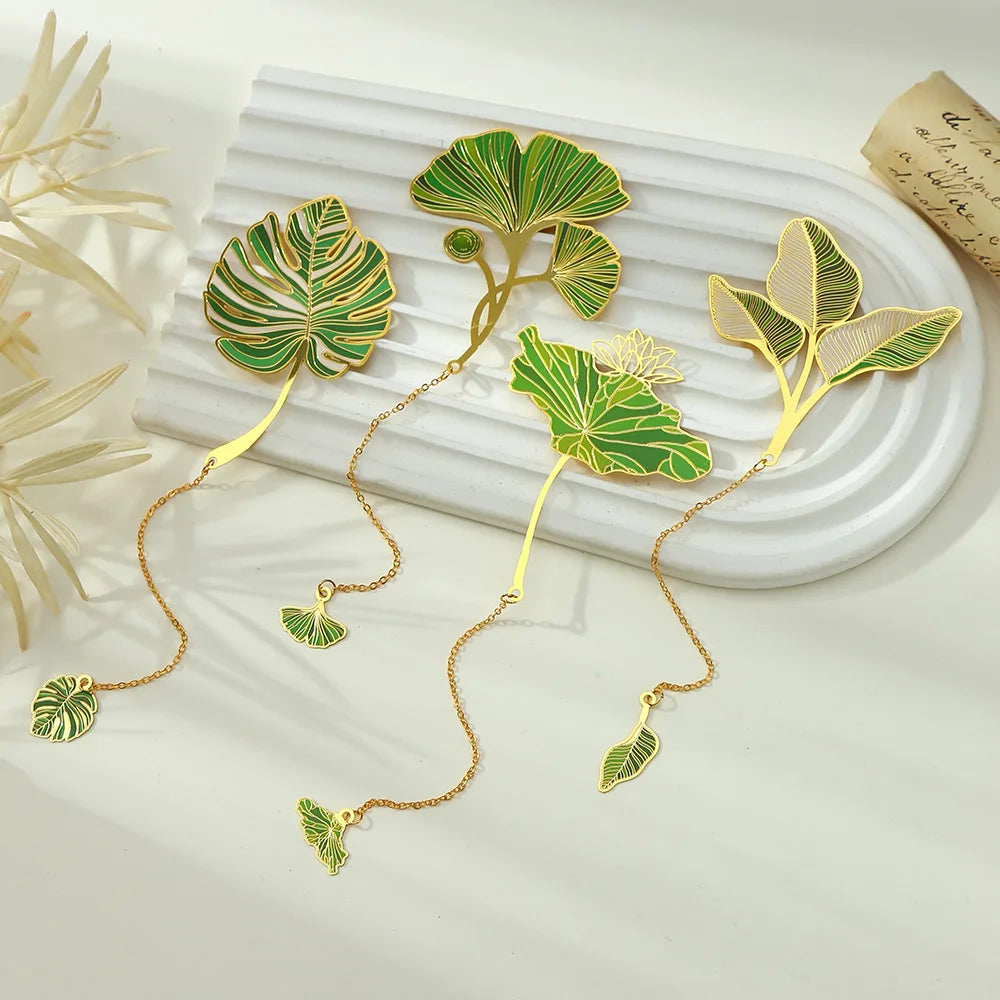 eybag Exquisite Leaf Shape Metal Bookmarks With Tassel Creative Ginkgo Lotus Leaves Book Mark Student Stationery Reading Supplies Gift