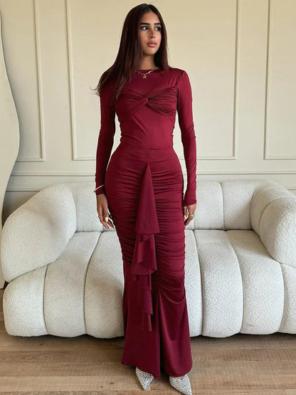 eybag Long Sleeve Draped Sexy Maxi Dress For Women Gown Autumn Winter New O Neck Ruched Bodycon Sexy Long Dress Elegant