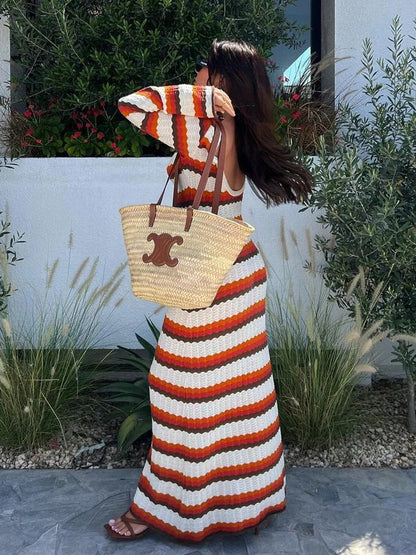 eybag Summer Hollow Out Knitted Beach Dress for Women Elegant Fashion Striped Maxi Dress 2024 Sexy Long Sleeve Holidays Party Dress