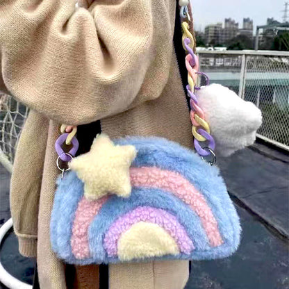 eybag Rainbow Plush Purses and Handbags for Women 2022 Shopper Acrylic Chain Cloud Pendant Cute Girls Pearl Wallet Shoulder Bag