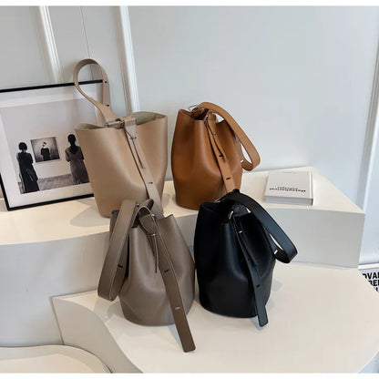 eybag Soft Cowhide Minimalism Women Bucket Bag Elegant French Style Lady Large Tote Bag Luxury Thick Leather Bag