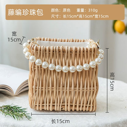 Lkblock fashion rattan hollow box straw bags wicker woven pearl portable women handbags summer beach shoulder crossbody bags bali purses