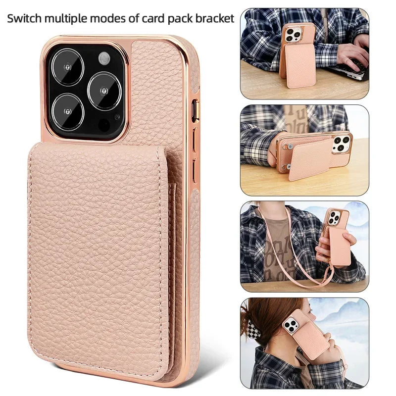 eybag Multi Card Wallet Leather Bracket Phone Case For iPhone 15 14 13 Pro Max Crossbody Lanyard Strap Holder Cover For IPhone 14 Plus