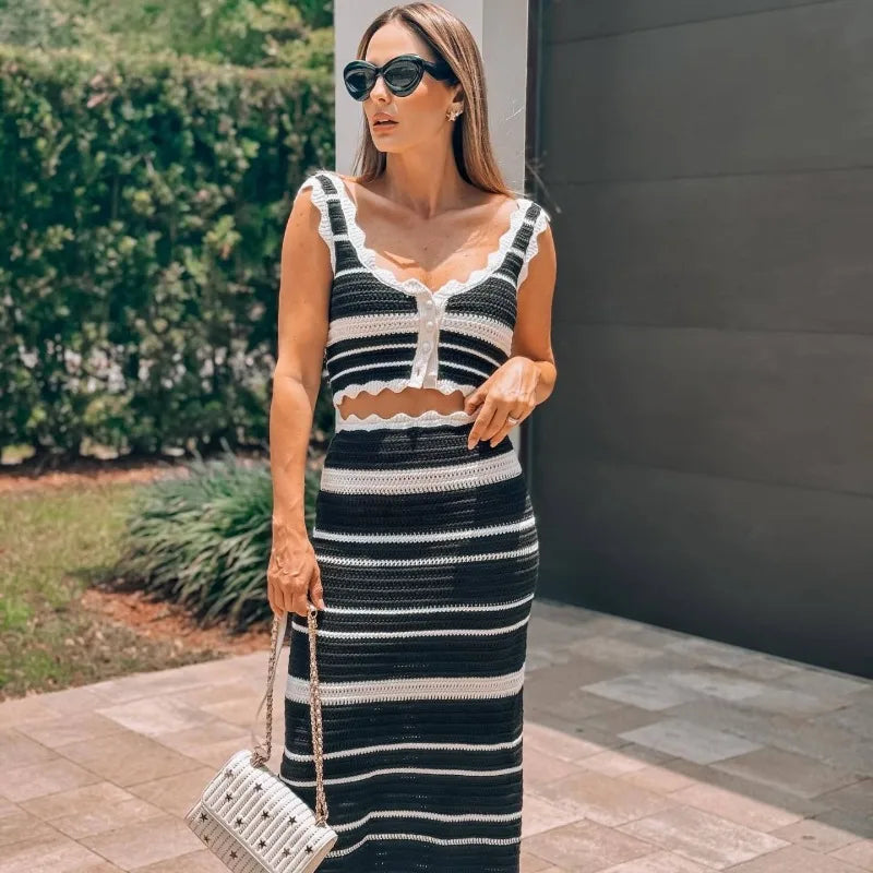 eybag Striped Knitted 2 Piece Set Women Summer Bohemian Single Breasted Tank Crop Tops + Long Skirts Fashion Holiday Beach Dress Suits