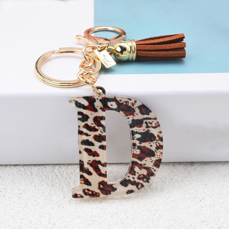 Lkblock Fashion Acrylic Leopard Letter Keychain With Tassel Fashion Couple 26 A-Z Initial Letter Pendant With Key Ring For Women Bag