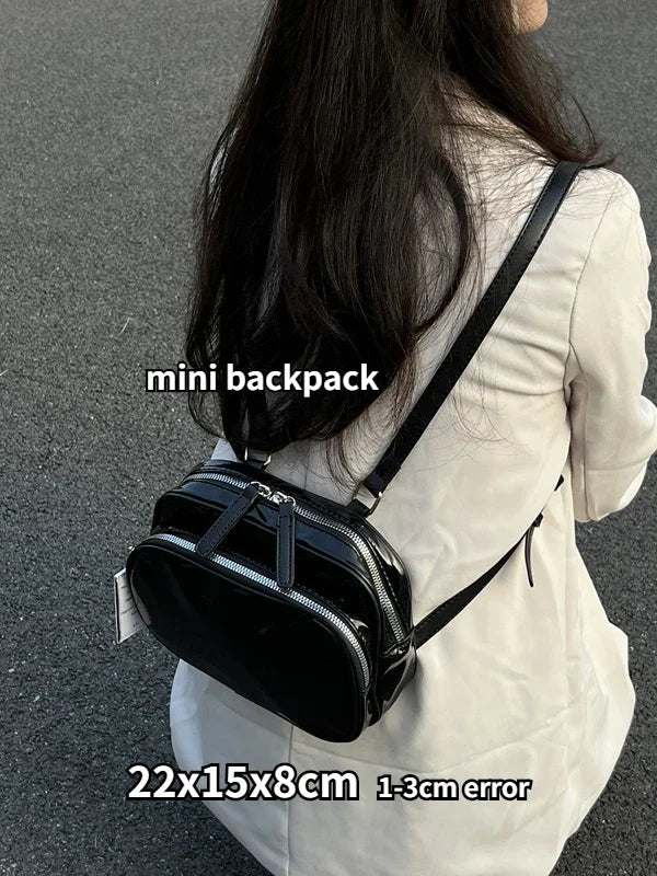 eybag Black Patent Leather Ladies Small Backpack Fashion Cool Girls Square Shoulder Bagss Retro Design Women's Travel Handbag Knapsack