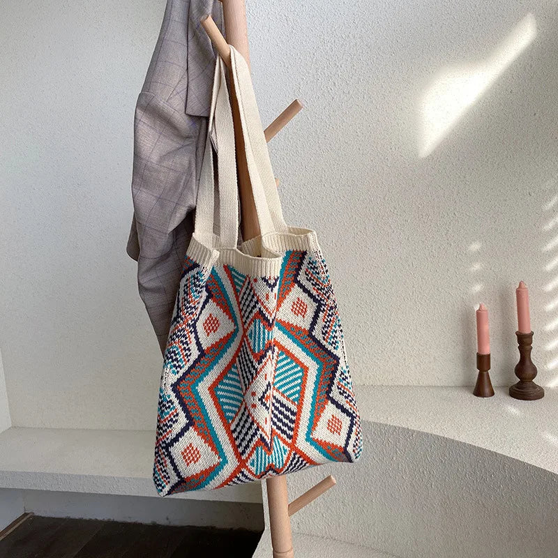 eybag Ethnic Wind Stretch Knitting Bag Geometric Weaving Retro Handbag Casual Shopping Bag Large Capacity Women Backpack Cosmetic Bag