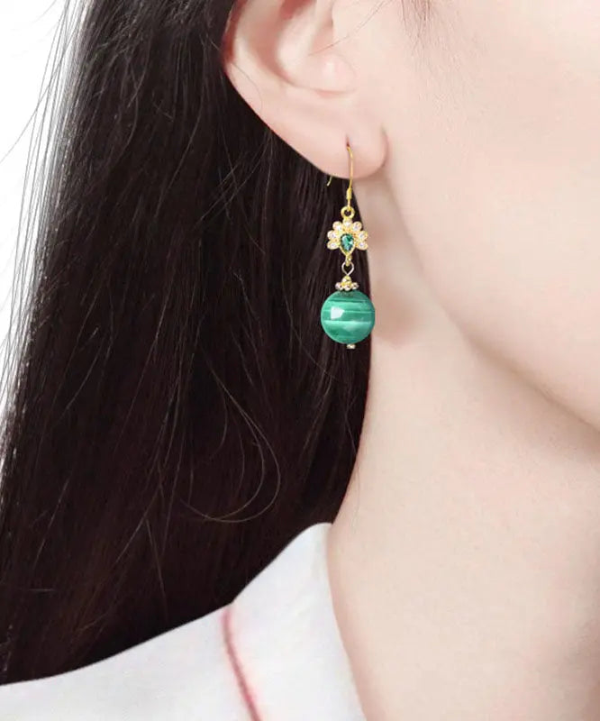 - Sterling Silver Overgild Zircon Malachite Drop Earrings