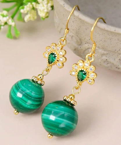 - Sterling Silver Overgild Zircon Malachite Drop Earrings